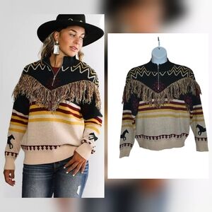Sterling & Stitch Horse Sweater South Western Fringed Costal Cowgirl Buckle Sz L